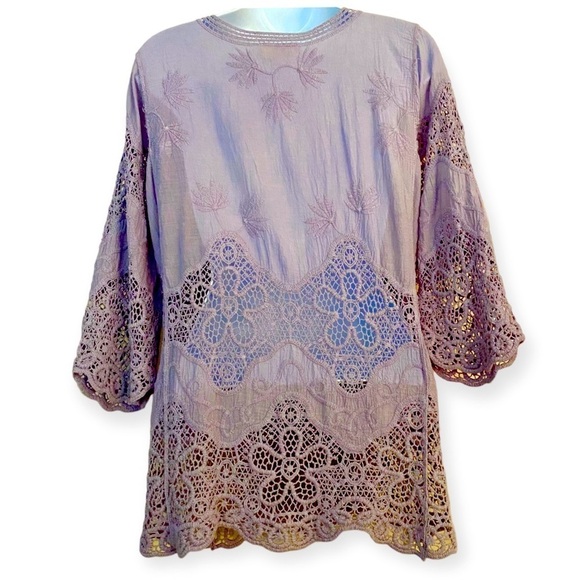 Lilac Tunic Top S/M Floral Cotton Lace-up Embroidered Crochet Blouse Flowy - Picture 4 of 15